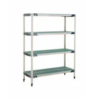 This shelving unit features a 304 stainless steel frame with four polymer shelves, overall height 62 inches. Designed for environments requiring antimicrobial resistance, it withstands moisture and frequent cleaning. Typical applications include food processing, healthcare, and cleanroom settings