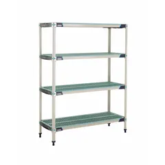 This shelving unit features a 304 stainless steel frame with four polymer shelves, overall height 62 inches. Designed for environments requiring antimicrobial resistance, it withstands moisture and frequent cleaning. Typical applications include food processing, healthcare, and cleanroom settings.