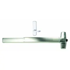Rim-type exit device with touchbar style for doors up to 3 ft wide. Features a chrome finish and lever outside trim. Designed for right-hand reverse (RHR) door application. Complies with ADA requirements for accessible egress.