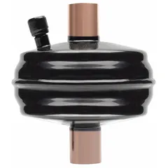 Steel shell filter drier for liquid lines in HVACR systems. Designed for 23 ton systems using HCFC refrigerants. Features a 4.3 inch length and 3/8 inch female sweat connection. Removes moisture, acid, and contaminants to protect system components.