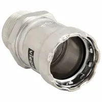 Stainless steel press fitting for potable water systems. Features a press-fit connection on one end and male NPT threads on the other, with an FKM seal. Used to transition from press-fit piping to threaded connections in commercial and industrial plumbing