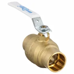 This two-piece brass ball valve features a straight body with sweat x sweat connections for copper tubing. The locking lever handle provides manual on/off control and secure shut-off. Suitable for water, oil, and gas applications in plumbing and industrial piping systems.