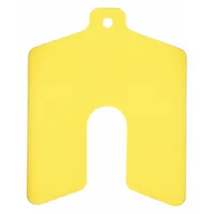 Untabbed slotted shim made of yellow vinyl, 0.02 in thick, 3 in x 3 in, B Trade Size. Sold in packs of 20. Width and length tolerances are +/-0.030 in; thickness tolerance is +/-0.001 in. Used for adjusting clearances and aligning machinery components such as motor mounts, gearboxes, and pump bases.