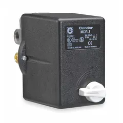 Diaphragm-actuated pressure switch with motor overload protection for air and water systems. Features three 1/4" FNPT connections, adjustable pressure range of 40 to 360 psi, and Auto/Off/Reset control mode. Suitable for pumps, compressors, and HVAC equipment requiring pressure monitoring and overload protection.