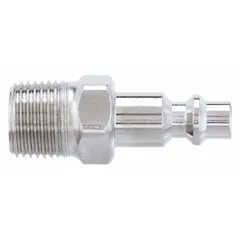 This steel quick-connect air coupling plug is designed for industrial interchange systems. It features a 3/8"-18 MNPT male thread and a sleeve locking mechanism for secure connections in compressed air lines. Commonly used to connect pneumatic tools and hoses in manufacturing, automotive repair, and material handling applications.