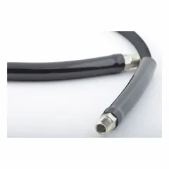 This hydraulic hose assembly consists of a 20 ft long rubber hose with a 3/8 in inner diameter and NPTF male fittings on both ends. The black hose and fittings are suited for connecting hydraulic components in fluid power systems, transferring pressurized oil or other hydraulic fluids.