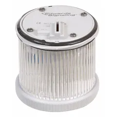Multimode light module for industrial signaling applications, providing flashing or steady white light. Operates on 24V DC with a white lens and 70 mm overall diameter. Compatible with 200 Class series stacklight systems.