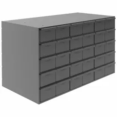 This modular steel drawer cabinet includes 30 gray drawers with inside dimensions of 5-7/16 in x 17-1/8 in x 3-3/4 in. It is powder coated gray, shipped fully assembled, and stackable for vertical expansion. Dividers are included for organizing small parts, tools, and components in workshops, warehouses, and assembly lines.