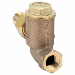 Bronze offset thermostatic steam trap with 1/2 in FNPT inlet, rated for 1,600 lb/hr at 50 psi maximum pressure. Offset design facilitates installation in tight spaces. No integral strainer. Used for condensate removal in steam distribution and process heating systems.