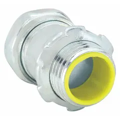 Steel compression connector for terminating EMT conduit to boxes or enclosures. Insulated throat protects wire insulation. Gray finish. 3/4 in trade size, 1 9/32 in overall length.