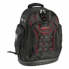 Polyester tool backpack in black with a rubber bottom for added durability. Features 19 inside pockets for organizing hand tools, power tools, and accessories. Suitable for carrying and storing tools on job sites in construction, maintenance, and industrial settings.