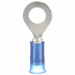 Nylon insulated ring terminal for #8 stud size, accepting 16 AWG to 14 AWG wire. Rated for 1000 V. Used for secure wire termination in electrical panels, machinery, and power distribution systems.