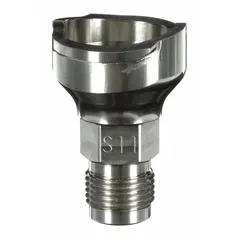 This stainless steel S11 adapter connects PPS series spray gun cups to spray guns. It features a 3/8 in thread size and is used in industrial painting and coating applications.