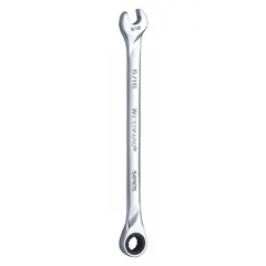 This SAE 12-point ratcheting combination wrench is constructed from alloy steel with a chrome finish. It features a 5/16 in head size and an overall length of 5-7/8 in. Suitable for tightening or loosening fasteners in confined spaces where standard wrenches cannot reach.