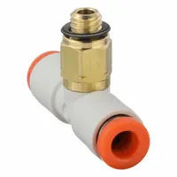 This SMC push-fit tee fitting is made of polybutylene and brass, with a white finish. It connects three 5/32 in OD tubes and features a #10-32 thread size. Used for branching pneumatic tubing in industrial automation, packaging, and material handling systems