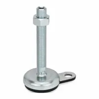 Male leveling mount with swiveling stud and round base. Thread size 3/4"-10, load capacity 2,473 lbf. Includes Buna-N rubber thrust pad for non-skid support. Used for height adjustment and vibration control on industrial machinery, conveyors, and workstations