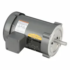 This BALDOR VM3537 is a 1/2 hp, 3-phase AC motor with a C-Face mount and totally enclosed fan-cooled (TEFC) enclosure. It operates at 1800 RPM at 60 Hz with a full load current of 2.0/1.0 A at 230/460V AC. Suitable for general-purpose industrial applications such as pumps, fans, conveyors, and machine tools.