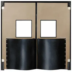 This CHASE insulated swinging door features two beige polyethylene doors with an 8 ft width and 10 ft height. It includes a polycarbonate window, door seals, bumpers, and mounting hardware. NSF certified, it is suitable for temperature-controlled and wash-down environments in cold storage, food processing, and industrial facilities.