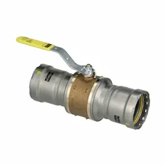 Two-way straight-pattern bronze ball valve with PTFE seals and locking lever handle. Rated for 125 psi maximum working pressure (CWP). Used for manual on/off flow control in water, oil, and gas piping systems.