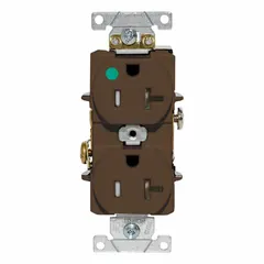 General purpose duplex receptacle rated 125V AC and 20A with NEMA 5-20R configuration in brown. Suitable for use in commercial and institutional environments where standard power outlets are required.