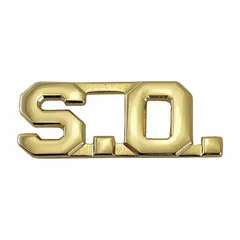 Metallic rank insignia denoting Staff Officer (S.O.), constructed of gold-colored metal. Measures 1/2 in and attaches via clutch pin. Sold as a pair for placement on uniform collars or epaulettes.
