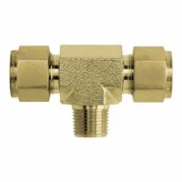 Brass compression tee fitting with double-ferrule design for leak-free connections in fluid systems. Features three ports: two 1/4 in OD tube and one 1/4 in pipe size. Compatible with Parker A-LOK fittings. Suitable for instrumentation, pneumatic, and hydraulic lines