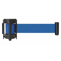 This replacement belt cassette is designed for use with TENSABARRIER barrier systems. It includes a receiver and tape end piece, with a blue belt measuring 7 1/2 ft in length and an overall height of 4 in. The belt has no pattern or legend, making it suitable for general pedestrian guidance and crowd control applications.