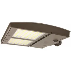 LED street and parking lot light fixture delivering 19,500 to 20,250 lumens at 150 W. Supports 120 to 277V AC input, 3000K color temperature, bronze finish. Mounting options include arm, slipfitter, knuckle, surface, yoke, or trunnion. Suitable for area lighting in roads, lots, and perimeters.