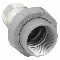 Iron straight union for connecting conduit to a box or enclosure. Features 1-1/2 in female NPT to 1-1/2 in male NPT threaded ends with a powder-coated finish. Used in industrial and hazardous environments to provide a secure transition between conduit and enclosures.