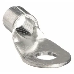 Non-insulated ring terminal for terminating 6 AWG wire to a 3/8 in stud. Rated for 2000 V. Serrated barrel ensures secure wire grip. Suitable for power distribution, control panels, and heavy equipment wiring.