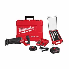 This cordless reciprocating saw kit includes a brushless motor, one 8.0 Ah battery, a charger, a reciprocating saw, and a blade kit. It is designed for cutting wood, metal, and plastic in applications such as demolition, plumbing, and construction where cord-free operation is needed.