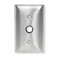 This 1-gang, 1-port wall plate is made of stainless steel with a gray finish. It features a flat module style with vertical outlet orientation and is compatible with F-Type connectors. Used to mount and conceal telephone or coaxial cable connections in commercial and residential installations.