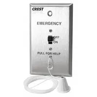This pullcord bed station operates on 24V DC and is designed for use in nurse call systems within healthcare facilities. It is an FDA-listed replacement station with a silver finish, suitable for patient or resident signaling in hospitals, nursing homes, and assisted living centers