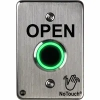 This wave-to-open touch plate is a stainless steel exit device accessory for hands-free door operation. It measures 1 7/16 inches deep and 3 3/8 inches wide, with a gray finish. Typically used in commercial or industrial settings to reduce contact in high-traffic areas