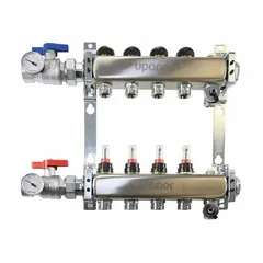 Stainless steel branch manifold with 1 1/4 in inlet and 3/4 in outlet, 3.84 in overall width. Used in plumbing and heating systems to distribute water or hydronic fluid from a supply line to multiple circuits, such as in radiant floor heating or hydronic installations.