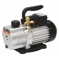 Two-stage vacuum pump with 6 cfm displacement and 10 micron ultimate vacuum for HVACR evacuation. Operates on 120V AC with 5-15P plug and male SAE connection. Not A2L compatible.