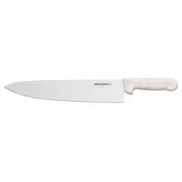 This chef's knife features a straight steel blade with a honed edge and a white plastic handle. With an overall length of 17 inches, it is designed for cutting, chopping, and slicing tasks in commercial food preparation. NSF certified