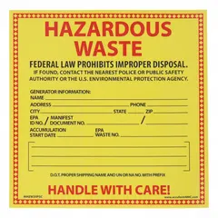 Paper label with yellow background, measuring 6 x 6 inches, sold in packs of 100. Message states: 'Federal Laws Prohibit Improper Disposal If Found, Contact The Nearest Police or Public Safety Authority or The U.S. Environmental Protection Agency.' Includes generator information fields. Used for marking waste containers to indicate regulated disposal requirements.