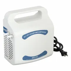 This portable piston compressor/vacuum pump operates on 115V AC, single-phase power, delivering a maximum continuous pressure of 33 psi. It is suited for light-duty applications requiring both compressed air and vacuum, such as in laboratory settings, pneumatic controls, and small-scale automation.