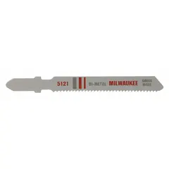 Bi-metal jigsaw blade with T-shank, 3-inch length, designed for cutting medium metal. Suitable for use in jigsaws for metal fabrication, automotive repair, and general metalworking. Pack of 5 blades.