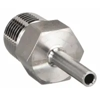 This double-ferrule stainless steel fitting connects 1/8 in OD tubing to a 1/4 in male NPT port. It is compatible with Parker A-LOK fitting brands and provides a leak-tight seal in industrial fluid systems