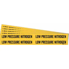 Yellow adhesive pipe marker with black legend text reading 'Low Pressure Nitrogen'. Designed for pipes with outer diameters from 3/4 to 2-3/8 inches. Sold in a 5-pack without arrows. Used to identify low-pressure nitrogen lines in industrial piping systems.