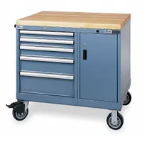 Steel cabinet with powder-coated Classic Blue finish, 39 in x 28 1/2 in x 37 1/4 in, on (2) swivel casters. Includes one 3 in x 18 in x 24 in drawer with 10 compartments and adjustable dividers. Butcher block work surface. Used for organized storage of tools, parts, and components in industrial workshops and maintenance facilities