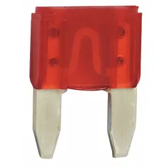 Fast-acting fuse rated 10 A at 32 V DC, standard profile, non-indicating. Suitable for overcurrent protection in automotive electrical systems, such as lighting and accessory circuits. Supplied in a 5-pack.