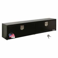 This steel topside box features double drop-down doors with a T-handle lid and a gloss black finish. The keyed lock secures contents against weather and theft. Suitable for organized storage of tools and equipment on truck beds in fleet and vehicle maintenance applications.