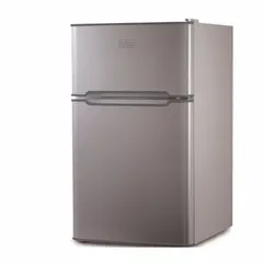 This BLACK & DECKER mini refrigerator offers 3.1 cu ft of total capacity with manual defrost and two shelves for organizing beverages and snacks. The silver finish suits compact spaces such as offices, dorm rooms, or small kitchens. Energy Star certified for efficient operation.