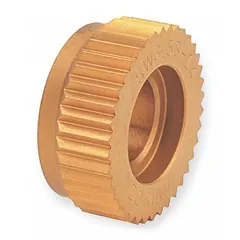 Straight knurling wheel made of high-speed steel with titanium nitride coating. Outside diameter 1 in, size SW4, with counterbored hole for mounting. Used on lathes to create straight or diamond patterns on cylindrical workpieces such as handles and shafts.