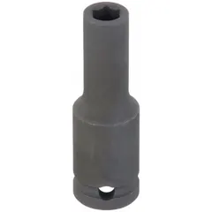 This 1/2" drive impact socket is a deep, 6-point SAE socket with a 7/16 in size. It features a Manganese Phosphate finish for corrosion resistance. Designed for use with impact wrenches and power tools, it is suited for tightening and loosening fasteners in automotive, heavy equipment, and industrial applications.