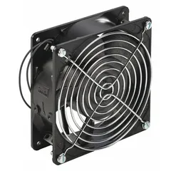 Standard square axial fan with polycarbonate blade, 4 5/8 in height and 1 1/2 in depth. Delivers 100 cfm airflow at 0.000 in static pressure. Connects via lead wires. Not IP rated. Suitable for general ventilation and cooling applications in electrical enclosures and control panels.