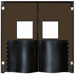This insulated swinging door features two doors, each 8 ft wide by 9 ft high, in a brown finish. Constructed with polyethylene and a polycarbonate window, it meets USDA standards. The door includes seals, bumpers, and mounting hardware. Suitable for temperature-controlled environments such as cold storage and food processing areas.